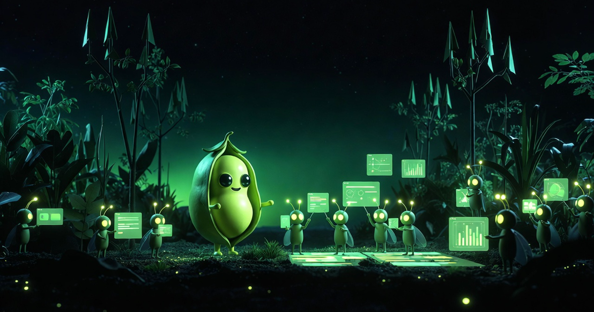 An emerald digital garden at night with a pea pod mascot coordinating tiny agents