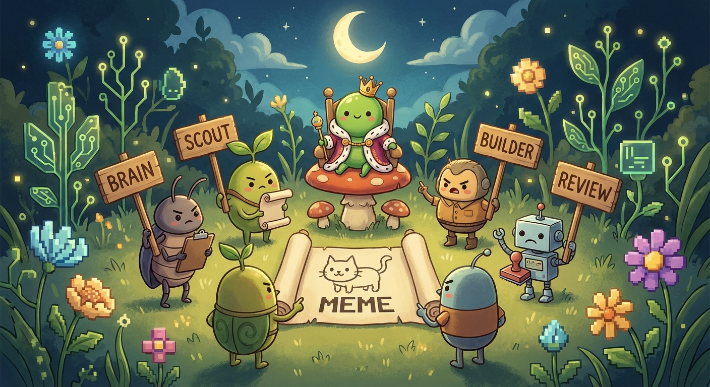 A tiny pea mascot in a garden holding court with a circle of stern miniature officials, all discussing how to publish one silly meme blog post